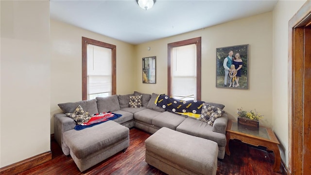 living room with dark hardwood / wood-style flooring and a healthy amount of sunlight