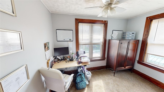 office space featuring light carpet, ceiling fan, and crown molding