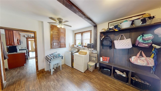 mudroom with washing machine and clothes dryer, ceiling fan, dark hardwood / wood-style flooring, and beam ceiling