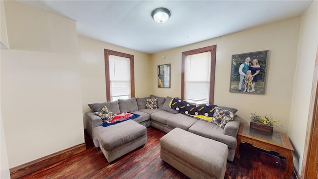 living room with dark hardwood / wood-style floors