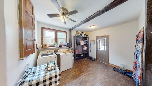 interior space featuring hardwood / wood-style flooring, ceiling fan, beam ceiling, and independent washer and dryer