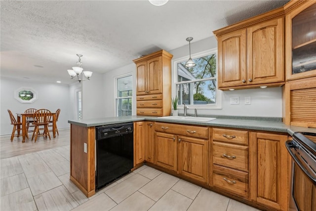 kitchen with an inviting chandelier, sink, hanging light fixtures, black dishwasher, and stainless steel range oven