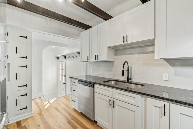 kitchen with dishwasher, white cabinetry, and sink