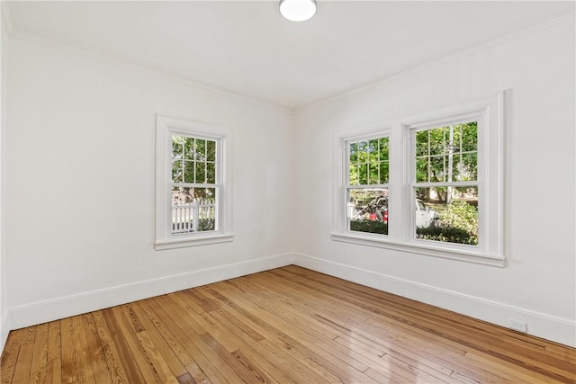 spare room with crown molding and light wood-type flooring