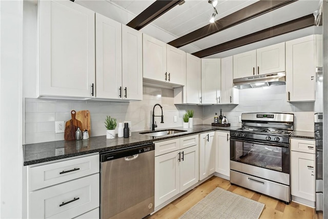 kitchen with white cabinets, stainless steel appliances, tasteful backsplash, and sink