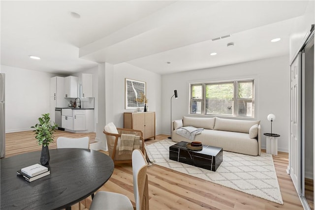 living room featuring light hardwood / wood-style flooring and sink