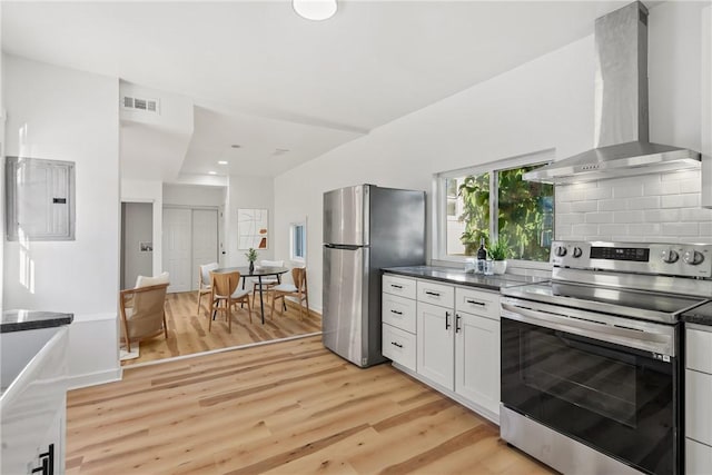 kitchen with appliances with stainless steel finishes, light hardwood / wood-style floors, wall chimney range hood, electric panel, and white cabinetry