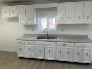 kitchen with sink, white cabinets, and dark hardwood / wood-style floors