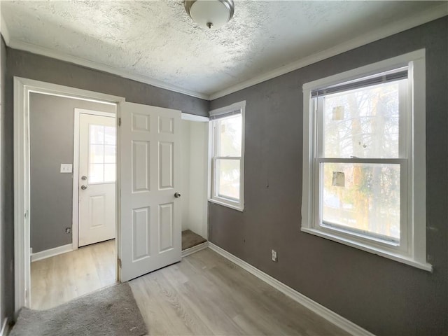 entryway featuring crown molding, a textured ceiling, a healthy amount of sunlight, and light wood-type flooring