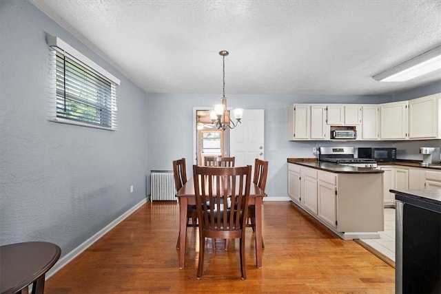 dining area with a healthy amount of sunlight, light hardwood / wood-style floors, radiator, and a chandelier