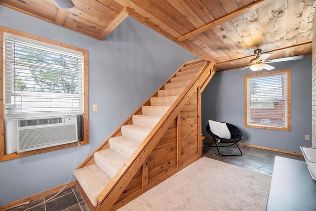 staircase featuring tile patterned floors, ceiling fan, cooling unit, and wood ceiling