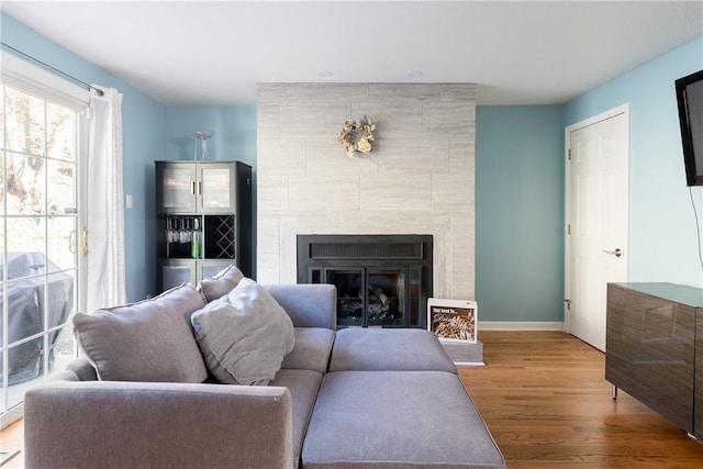 living room featuring wood-type flooring and a tiled fireplace