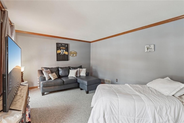 carpeted bedroom featuring ornamental molding