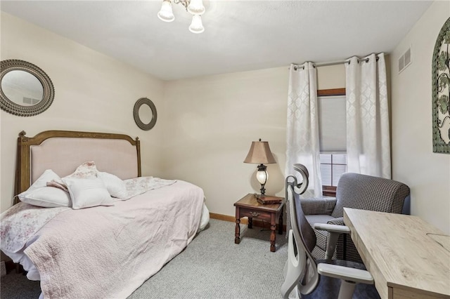 bedroom with light colored carpet