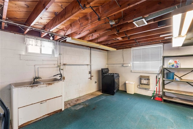 basement featuring dark colored carpet