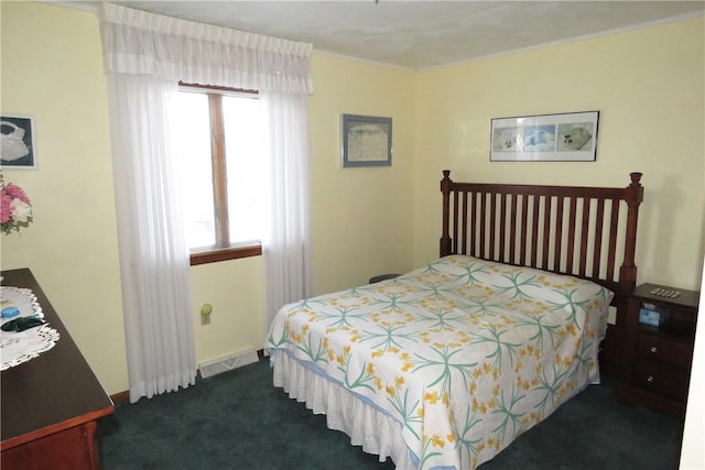 bedroom with dark carpet