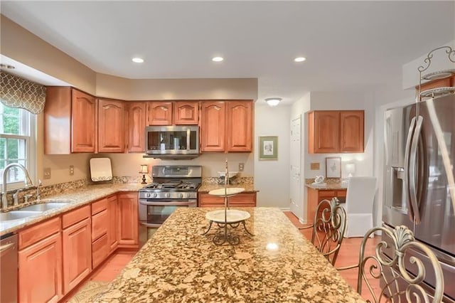 kitchen featuring light stone countertops, sink, and appliances with stainless steel finishes