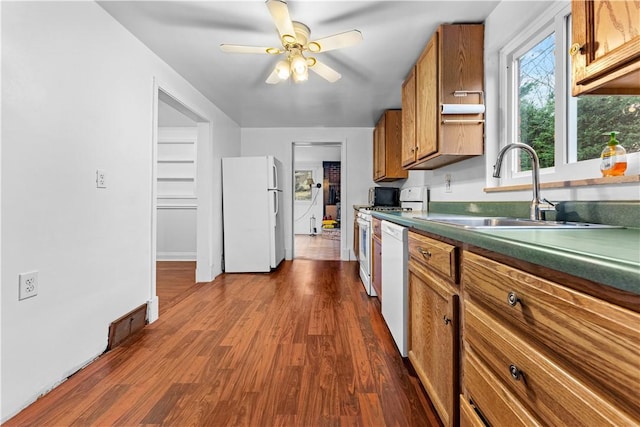 kitchen featuring ceiling fan, white appliances, dark hardwood / wood-style floors, and sink