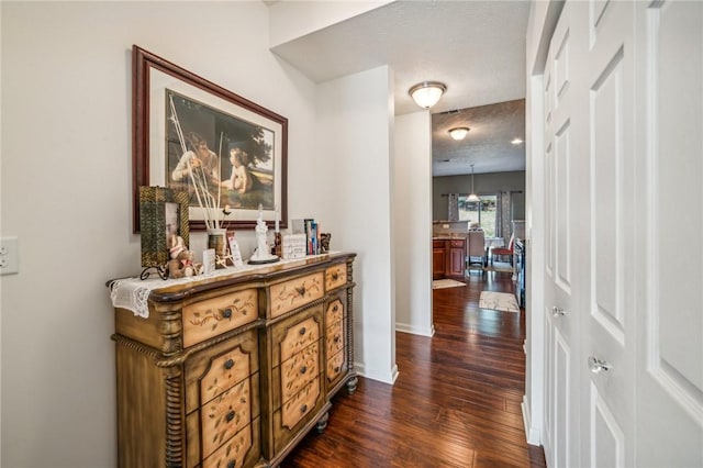 hallway with a textured ceiling and dark hardwood / wood-style flooring