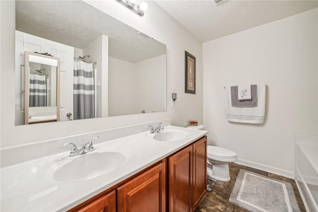 full bathroom featuring plus walk in shower, a textured ceiling, vanity, and toilet