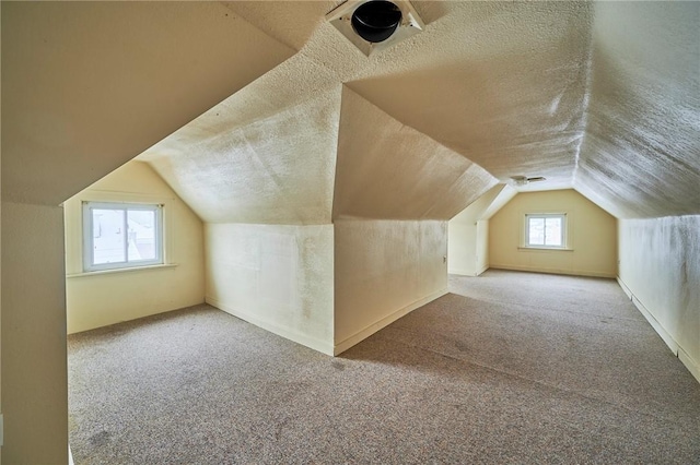 additional living space featuring lofted ceiling, a textured ceiling, and light carpet