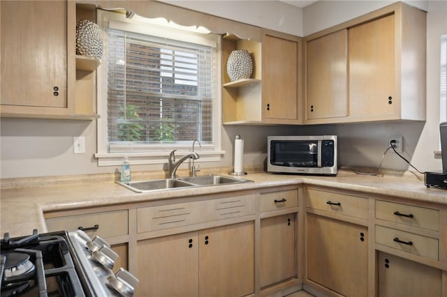 kitchen with light brown cabinets, sink, and stainless steel appliances