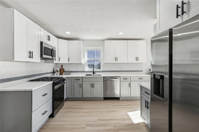 kitchen with gray cabinets, sink, white cabinets, and stainless steel appliances