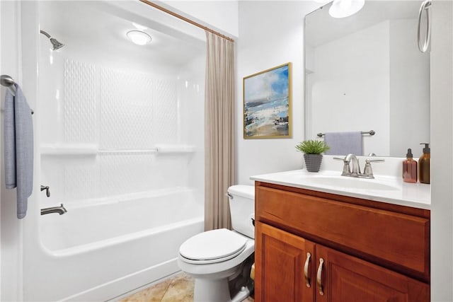 full bathroom featuring tile patterned flooring, vanity,  shower combination, and toilet