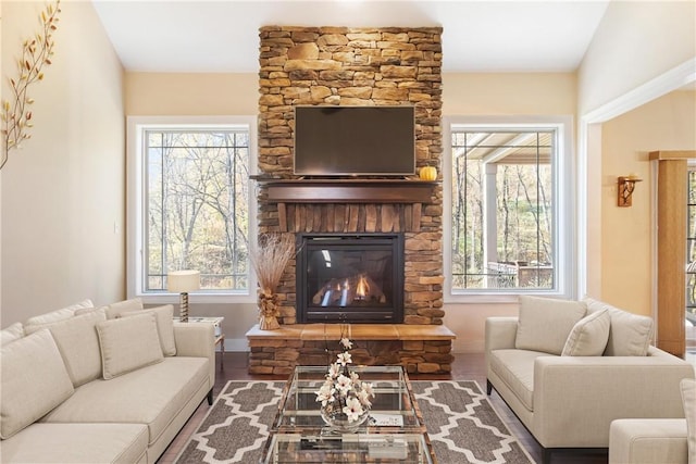 living room featuring a wealth of natural light, a fireplace, and hardwood / wood-style floors