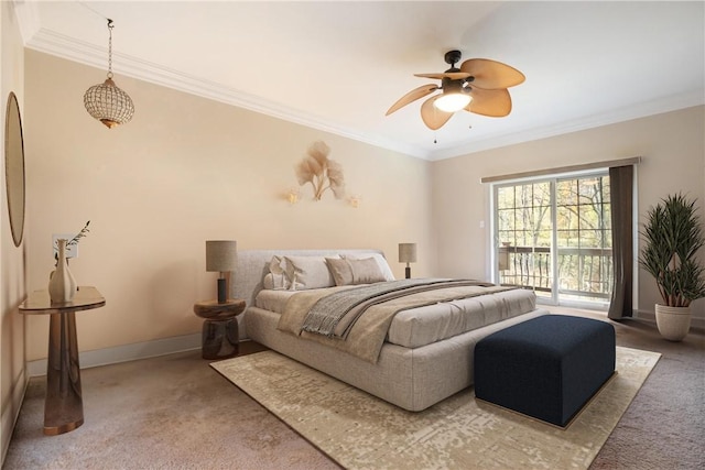 bedroom with access to outside, crown molding, carpet flooring, and ceiling fan