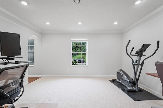 exercise area with carpet floors and ornamental molding