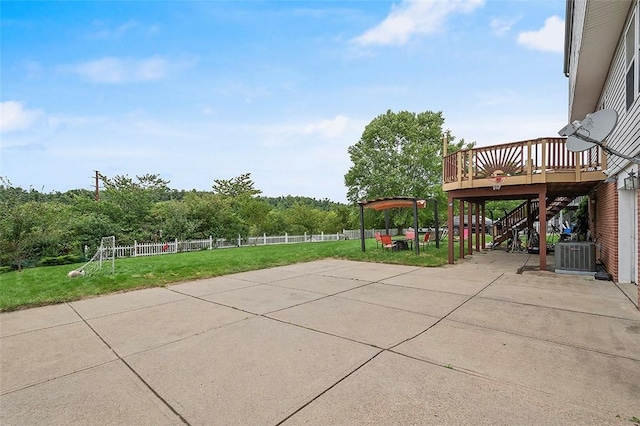 view of patio / terrace with central air condition unit and a wooden deck