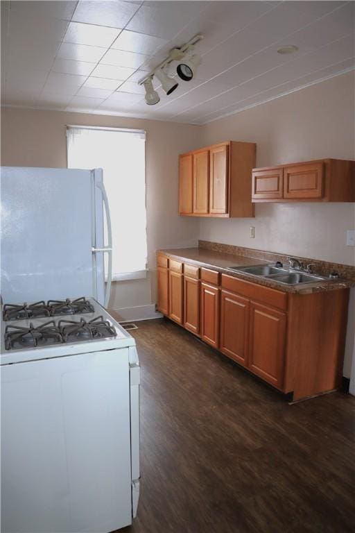 kitchen with crown molding, sink, dark hardwood / wood-style floors, and white appliances