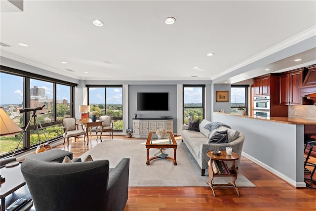 living room featuring ornamental molding and light hardwood / wood-style flooring