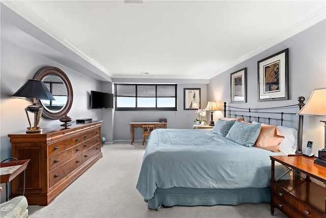 carpeted bedroom with crown molding