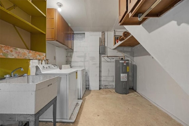 washroom featuring cabinets, electric water heater, washer and clothes dryer, and sink