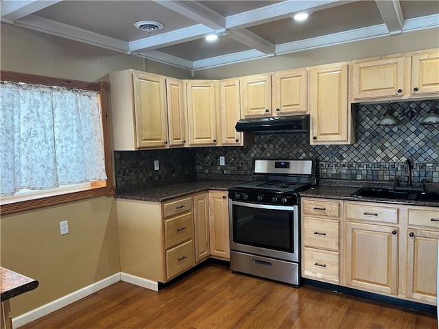 kitchen with coffered ceiling, sink, dark hardwood / wood-style floors, beamed ceiling, and gas stove