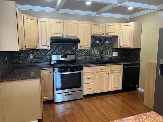 kitchen with dishwasher, dark wood-type flooring, sink, stainless steel stove, and beamed ceiling