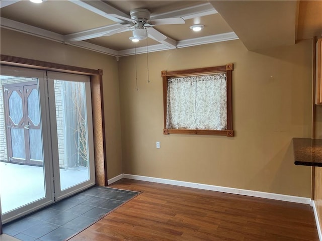 doorway to outside featuring ceiling fan, coffered ceiling, beamed ceiling, crown molding, and hardwood / wood-style floors