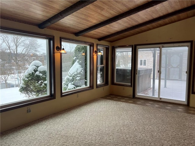 unfurnished sunroom with vaulted ceiling with beams and wood ceiling