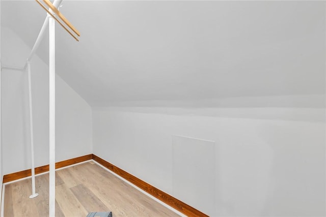 spacious closet with light wood-type flooring and vaulted ceiling