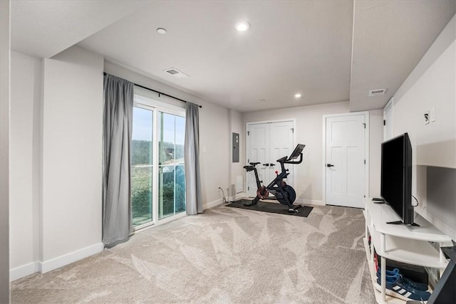 workout room featuring light colored carpet and electric panel