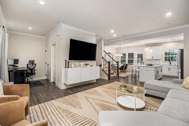 living room featuring ornamental molding, a chandelier, dark hardwood / wood-style floors, and sink