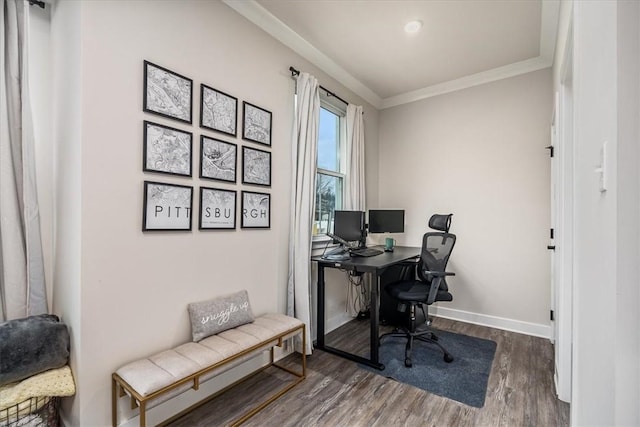 office featuring ornamental molding and dark hardwood / wood-style floors