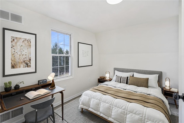 carpeted bedroom featuring lofted ceiling