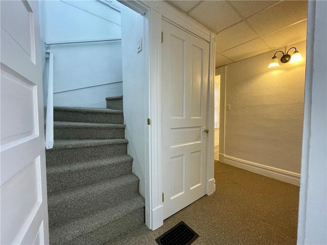 staircase featuring carpet flooring and a drop ceiling