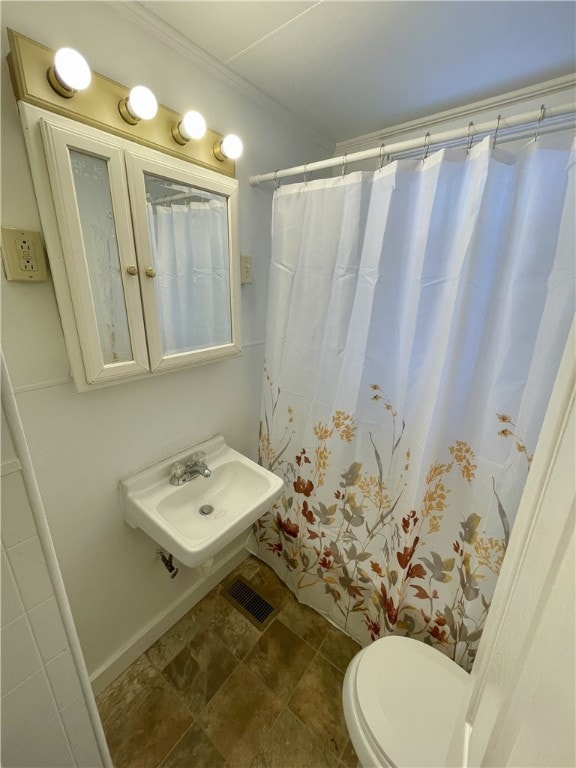 bathroom featuring toilet, crown molding, and sink