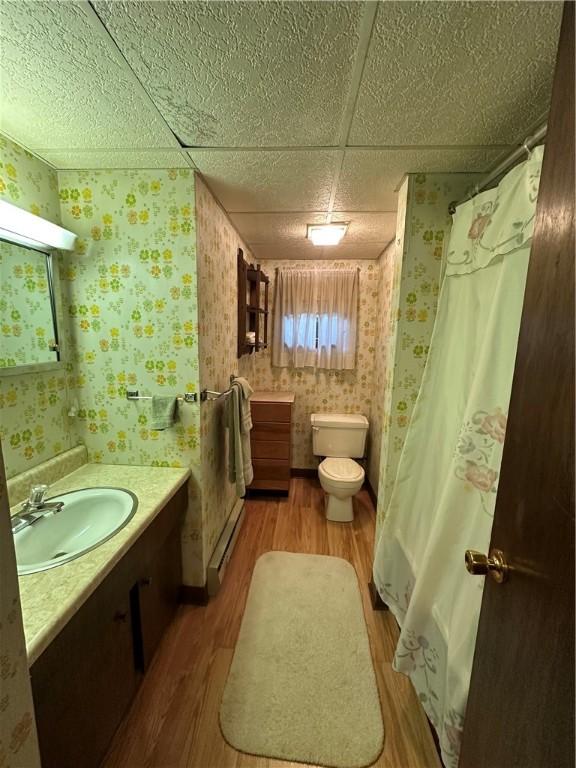 bathroom with a paneled ceiling, vanity, baseboard heating, wood-type flooring, and toilet