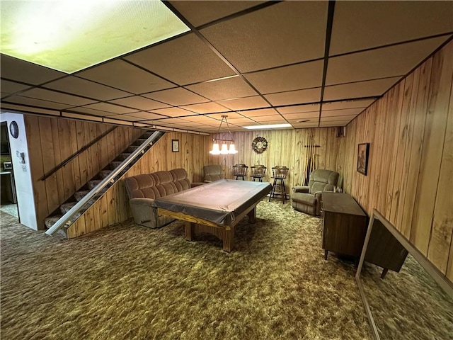 rec room with carpet flooring, a paneled ceiling, and billiards