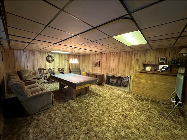 recreation room with carpet flooring, a drop ceiling, and billiards